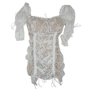 Identity White Floral Lace Mini Dress Square Neck Puff Sleeve Bodycon Size L